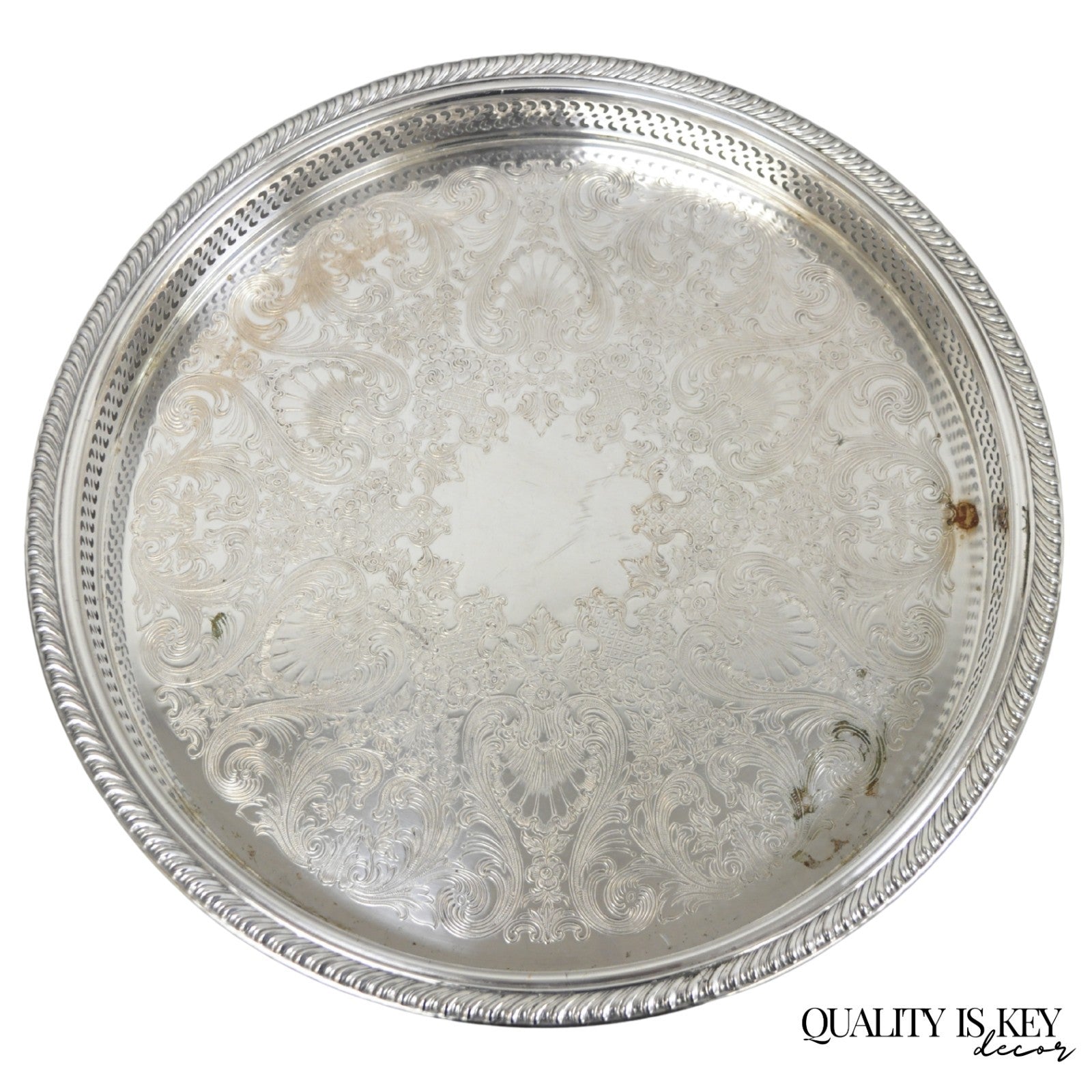 Vintage WM Rogers Round Sllver Plated Raised Gallery Serving Platter Bar Tray