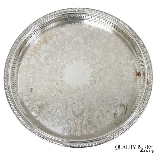 Vintage WM Rogers Round Sllver Plated Raised Gallery Serving Platter Bar Tray