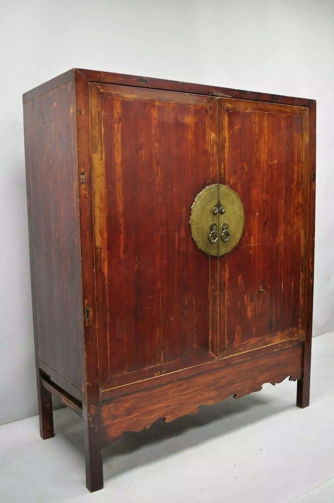 Antique Asian Red Lacquer Oriental Chinese Wedding Cabinet 2 Door Cupboard