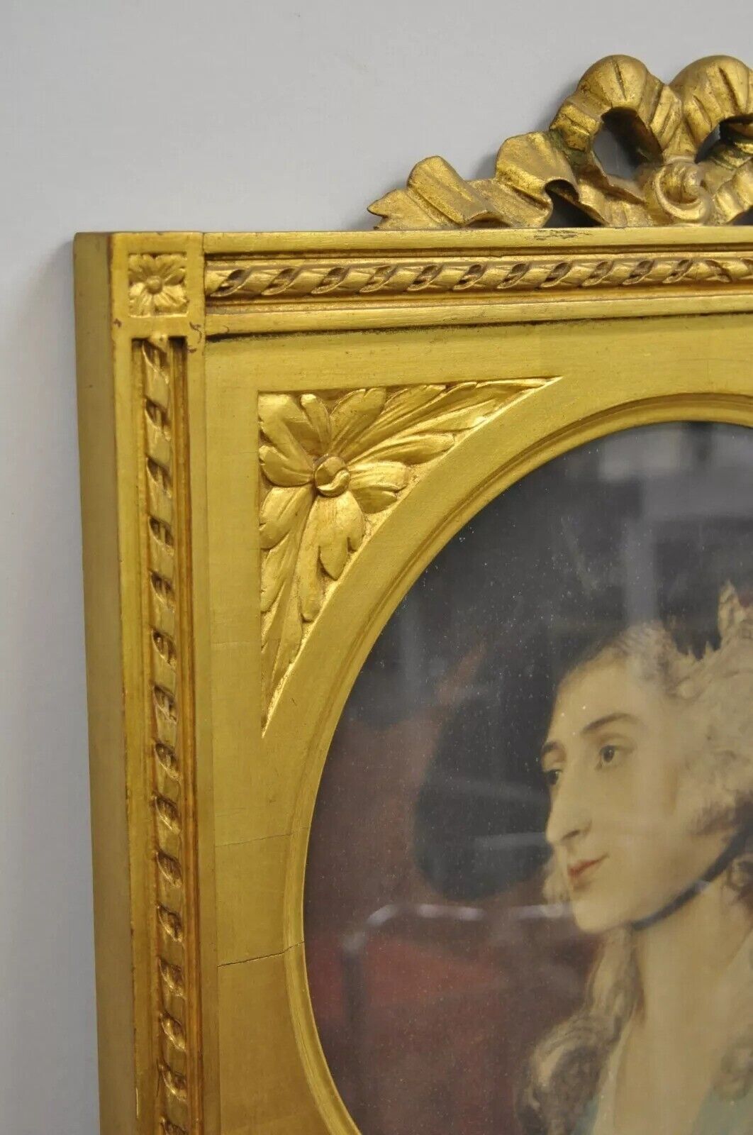 Antique French Louis XV Style Gold Gilt Wood Trumeau Mirror with Portrait Print
