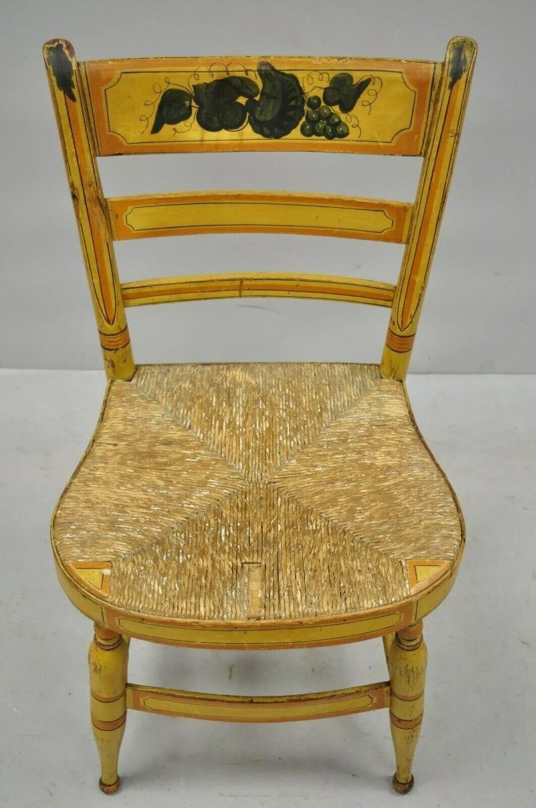 Antique Hitchcock Style Slat Back Rush Seat Yellow Paint Stencil Side Chair (B)