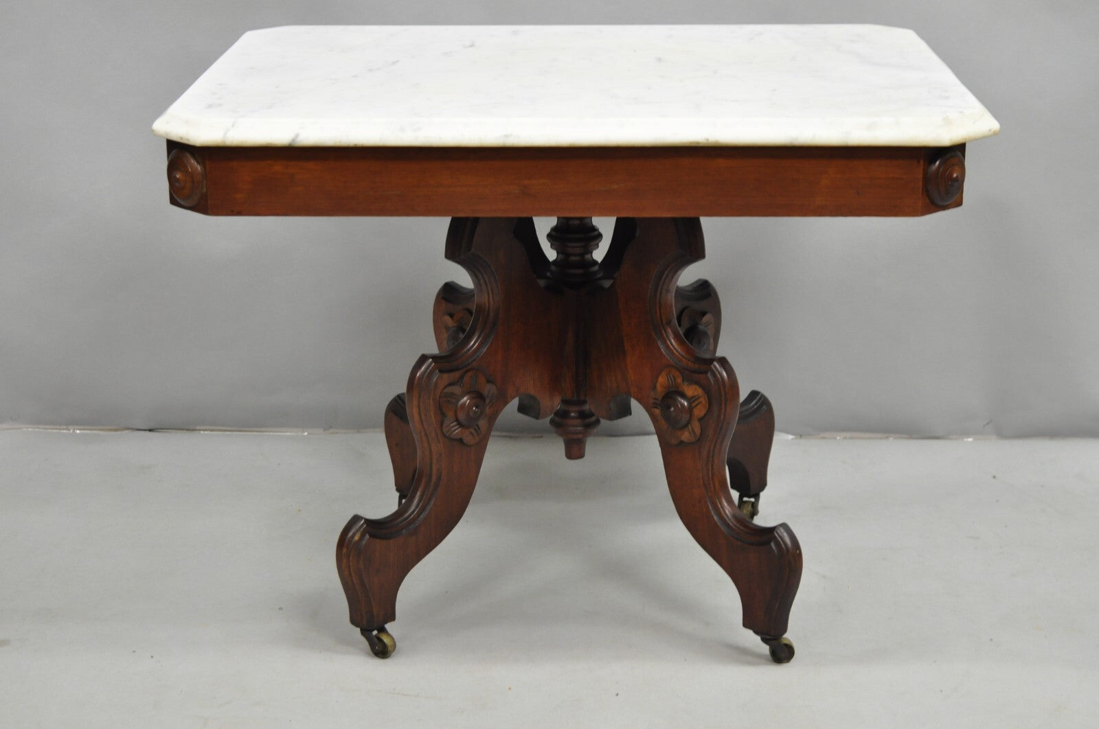 Antique Eastlake Victorian Small Marble Top Pedestal Base Coffee Table w/ Drawer