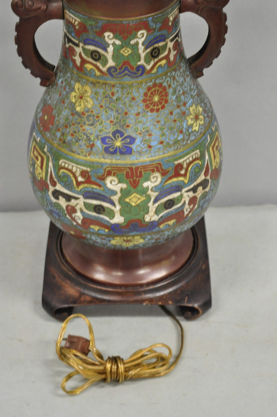 Antique Chinoiserie Blue Cloisonne Enamel Bronze Champleve Vase Table Lamp