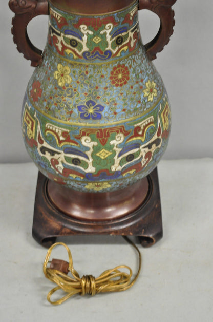 Antique Chinoiserie Blue Cloisonne Enamel Bronze Champleve Vase Table Lamp