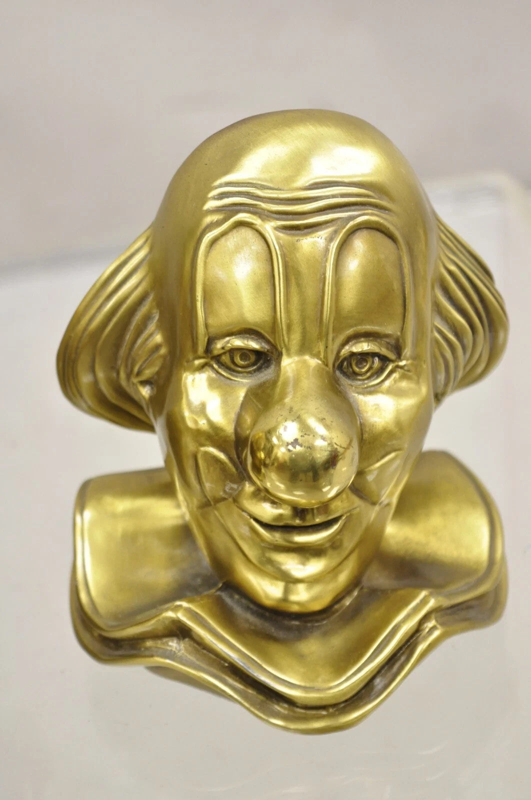 Vintage PM Craftsman Art Deco Brass Figural Clown Head Bookends - A Pair