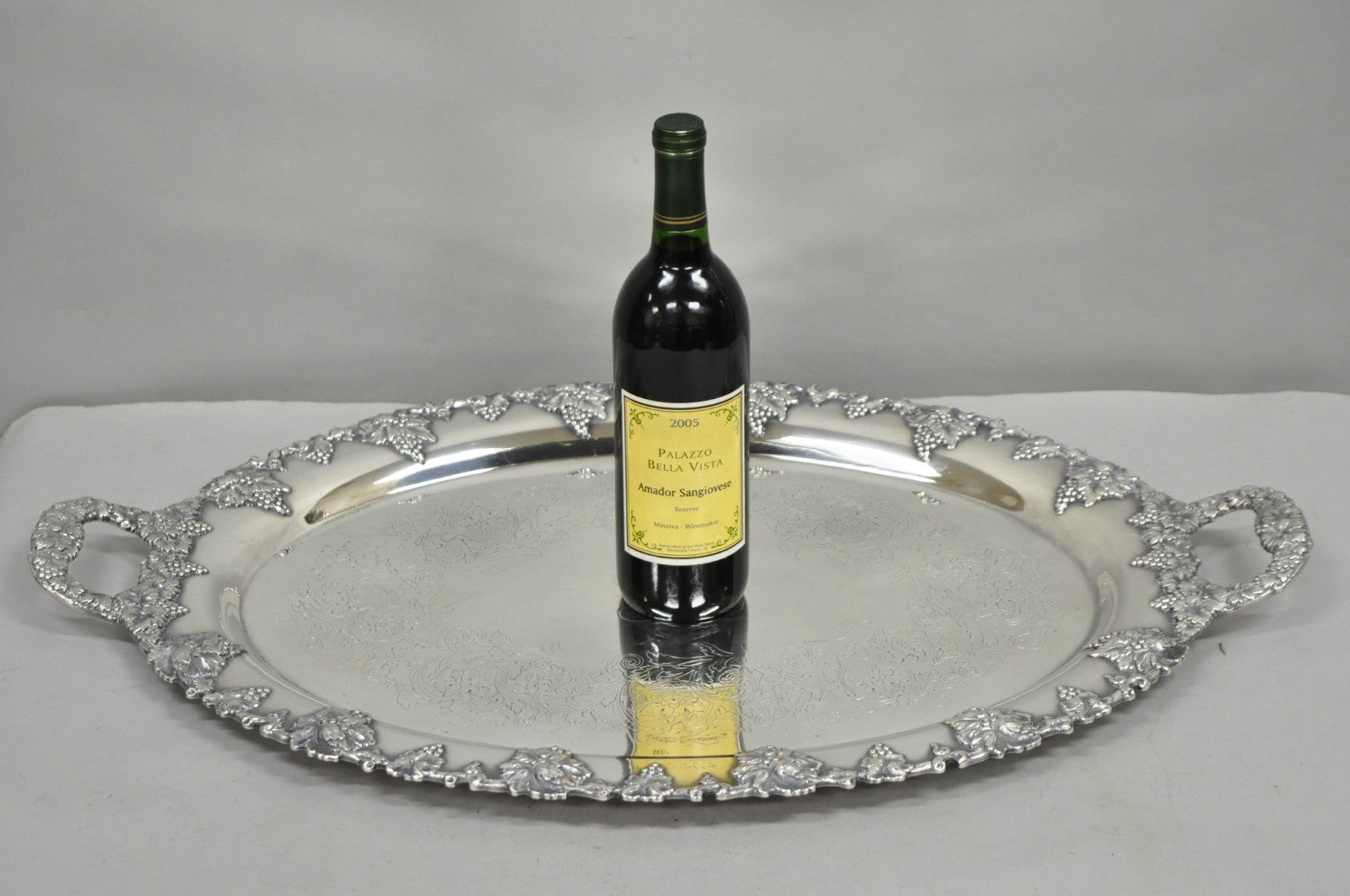 Antique English Victorian Silver Plated Grapevine Oval Bar Tray w/ Monogram