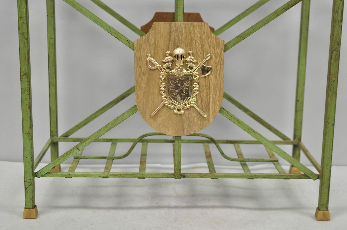 Vintage Italian Neoclassical Green Wrought Iron Book Magazine Rack w/ Shield
