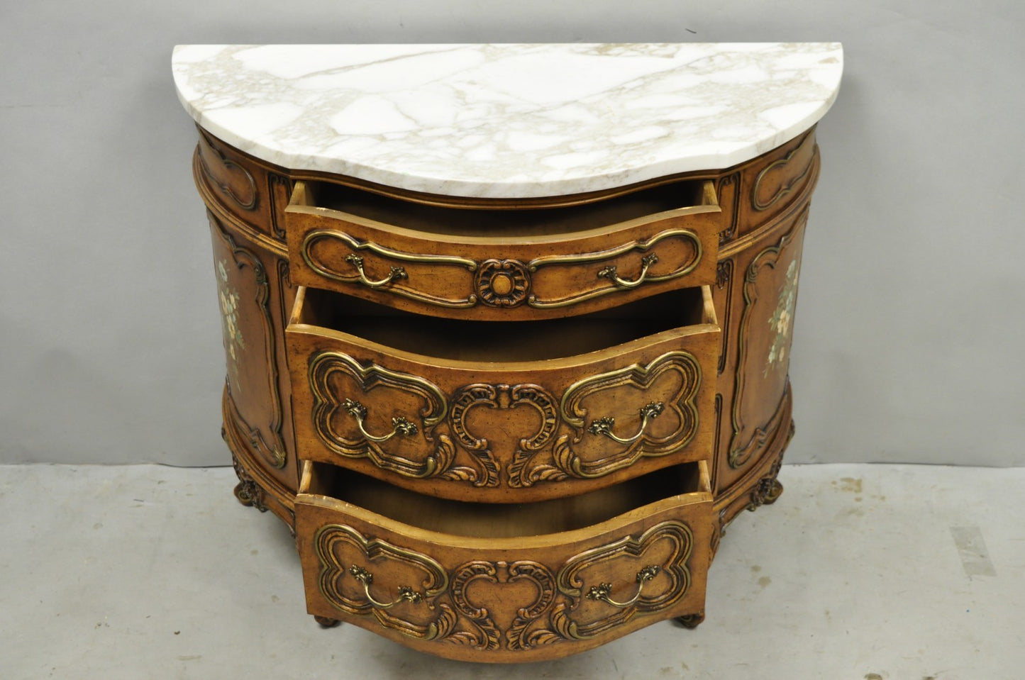 Vintage French Louis XV Style Bombe Demilune Marble Top Floral Painted Commode