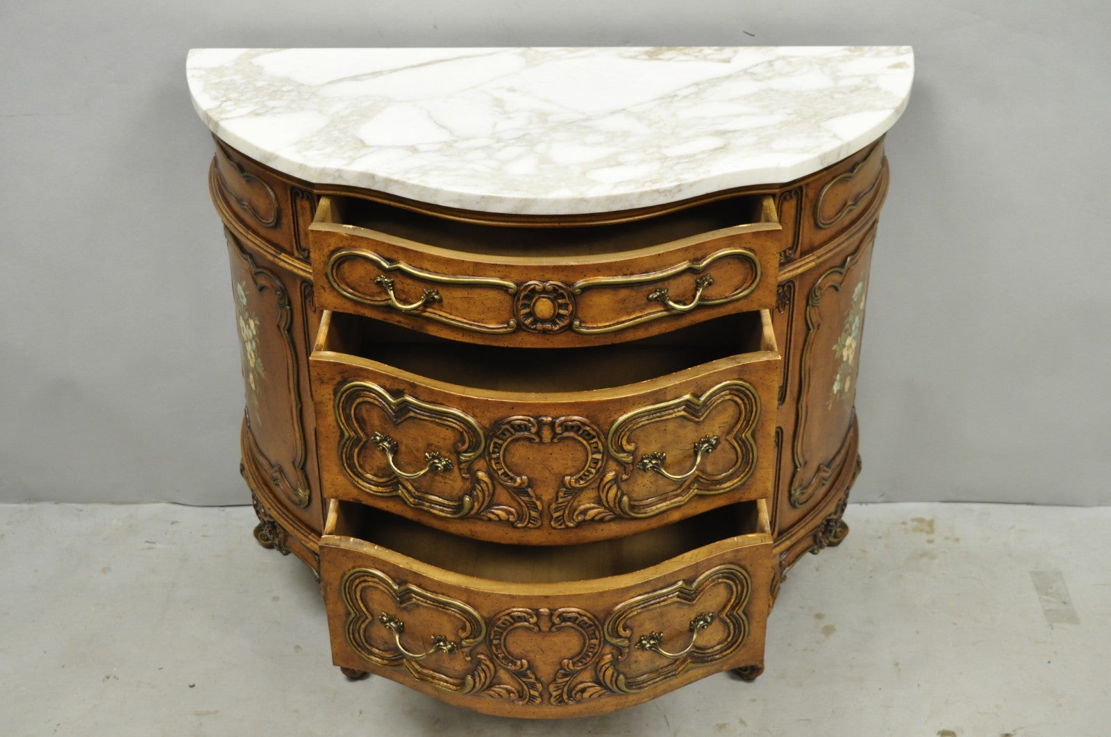 Vintage French Louis XV Style Bombe Demilune Marble Top Floral Painted Commode
