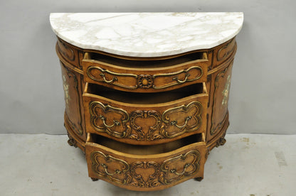 Vintage French Louis XV Style Bombe Demilune Marble Top Floral Painted Commode