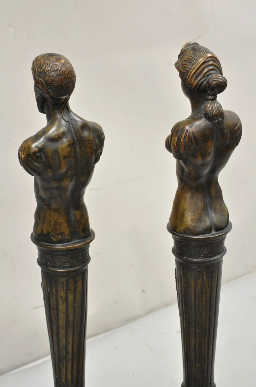 Antique French Renaissance Large Figural Bronze Man & Woman Bust Andirons - Pair