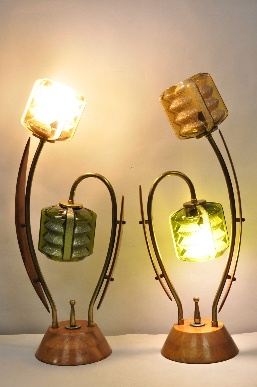 Vintage Mid Century Modern Walnut Tulip Flower Glass Shade Table Lamps - a Pair