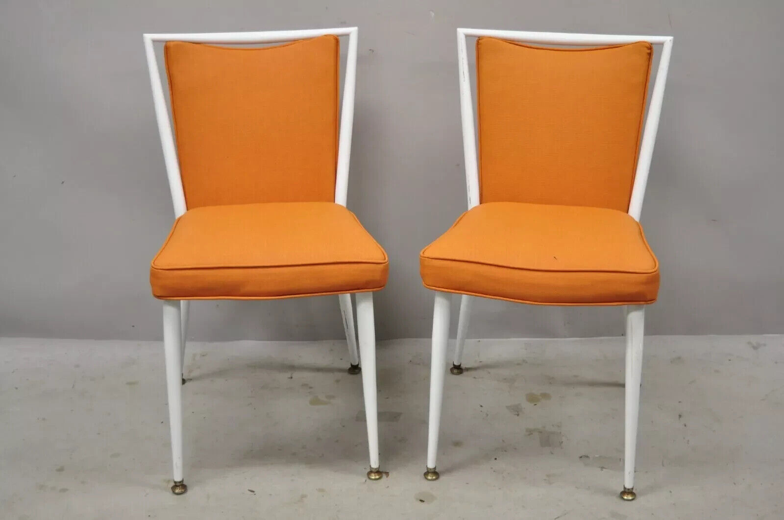 Vintage Mid Century Modern White Steel Metal Orange Dining Side Chairs - a Pair