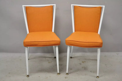 Vintage Mid Century Modern White Steel Metal Orange Dining Side Chairs - a Pair