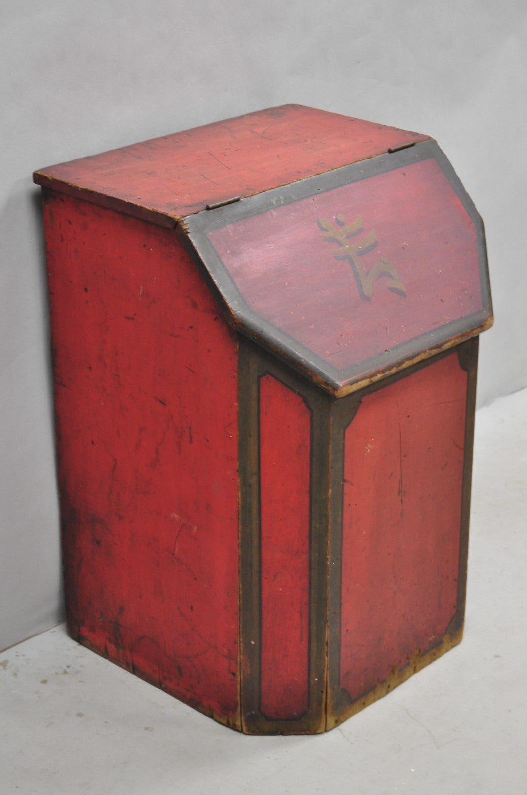 Antique British Colonial Red Painted Wooden Store Tea Coffee Bin w/ Asian Symbol