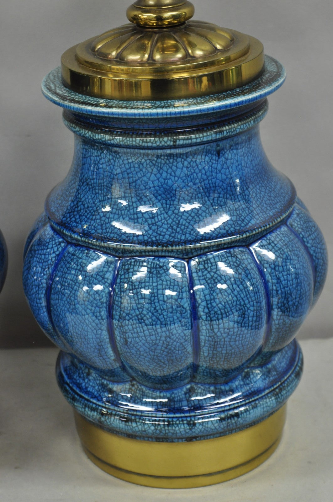 Stiffel Mid Century Modern Blue Crackle Glazed Ceramic Brass Table Lamps