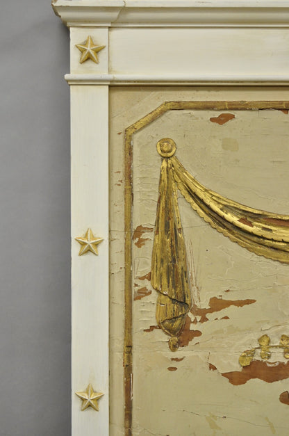 Antique Italian Neoclassical White Distress Painted Gold Gilt 72" Trumeau Mirror