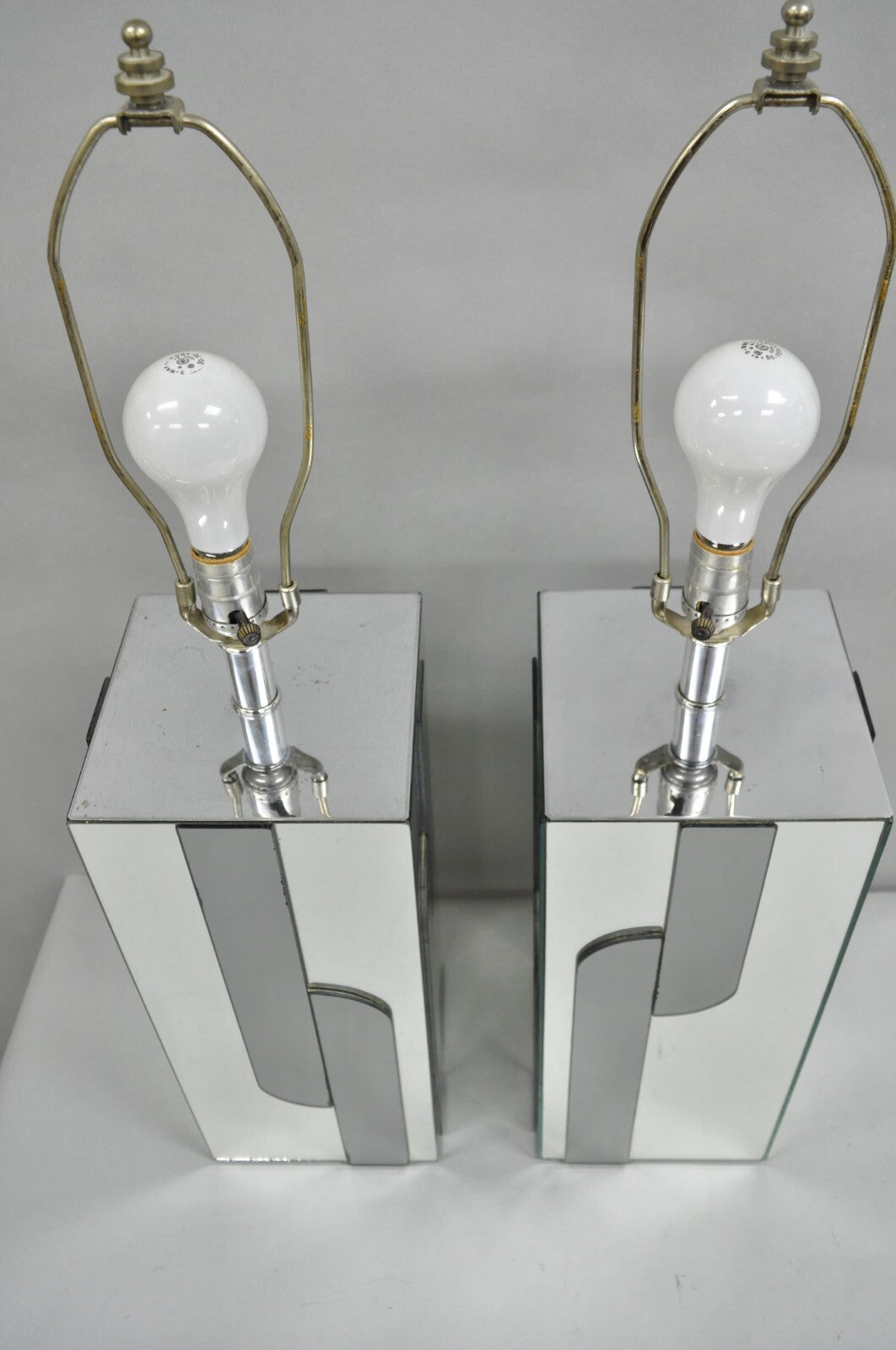 Vintage Mid Century Modern Mirror Skyscraper Cubist Table Lamps - a Pair