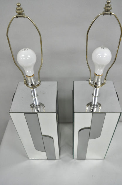Vintage Mid Century Modern Mirror Skyscraper Cubist Table Lamps - a Pair