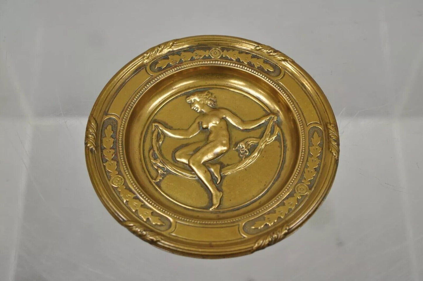 Antique 5" Bronze Neoclassical Art Nouveau Round Dish with Nude Female Maiden