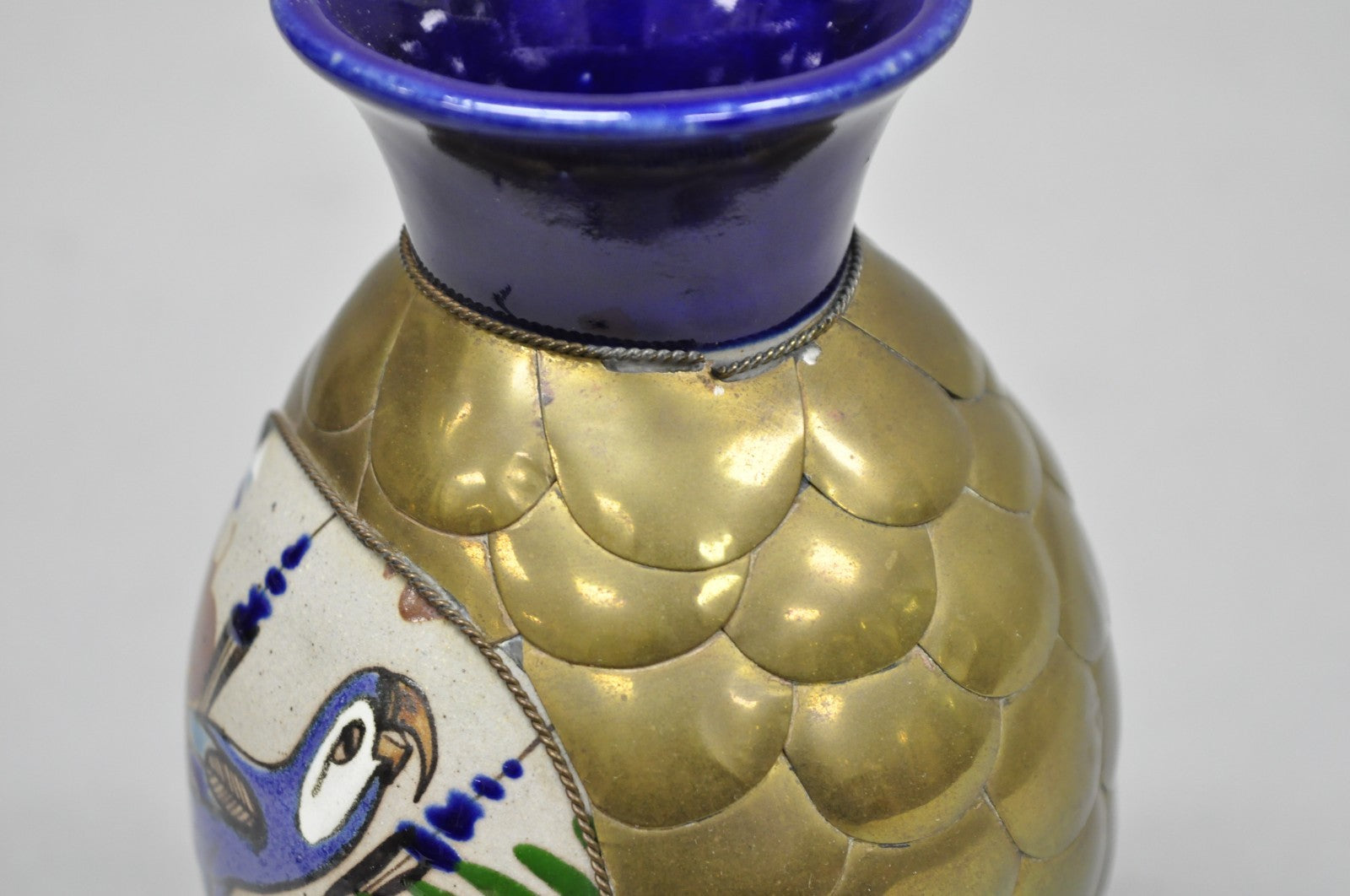 Mateos Mexico Tonala Pottery Mid Century Modern Brass Peacock Feather 7" Vase