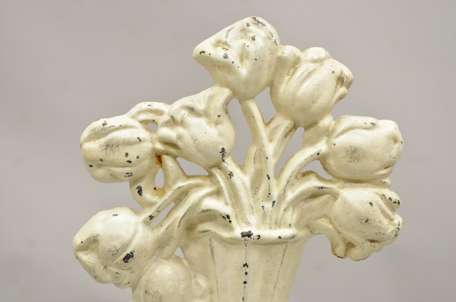 Antique Victorian Cast Iron Figural White Tulip Bouquet Painted Door Stop