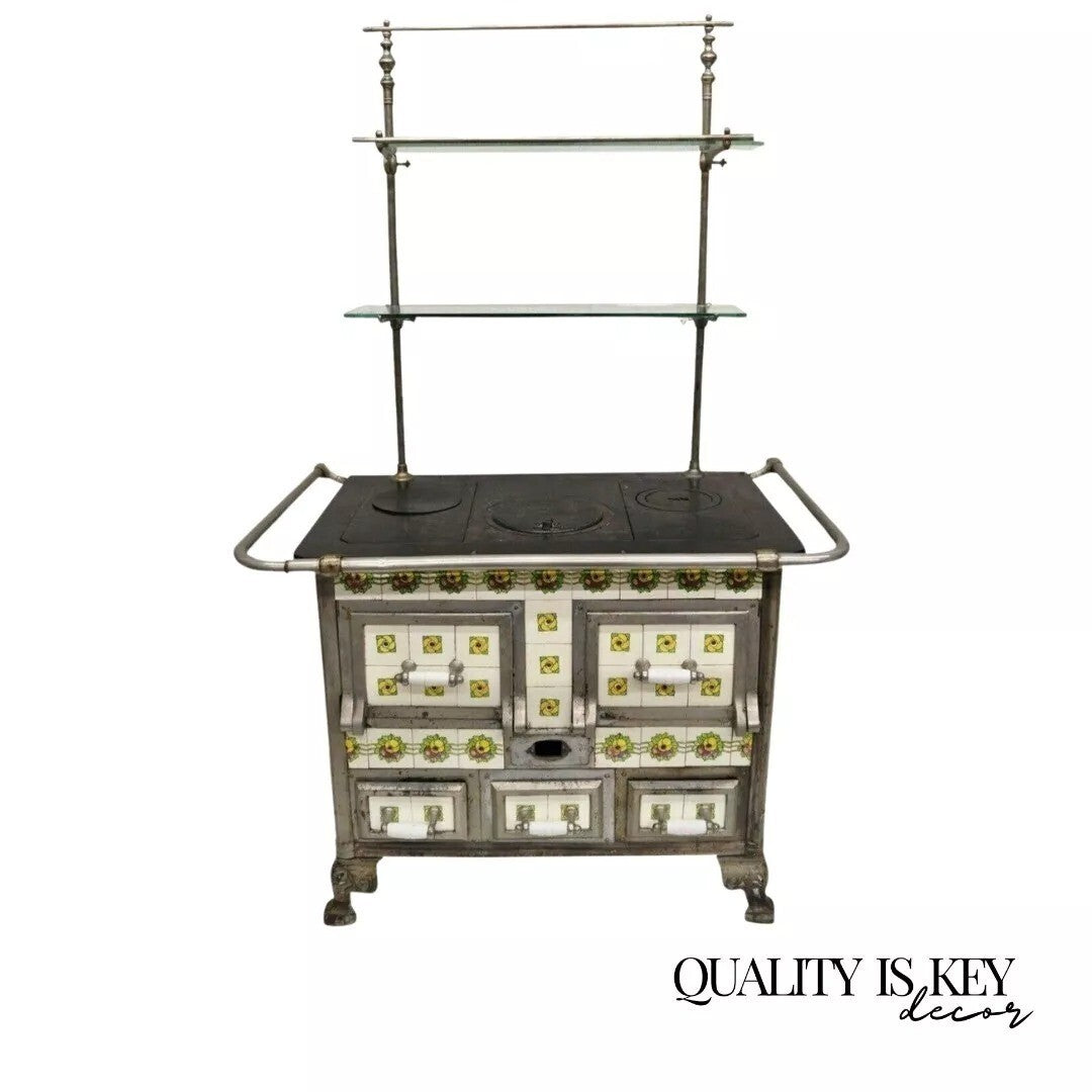 European French or Belgium Cast Iron Art Nouveau Tile Wood Coal Burning Stove