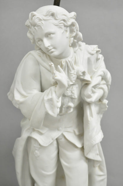 Victorian White Parian Porcelain Figural Bisque Man and Woman Table Lamps, Pair