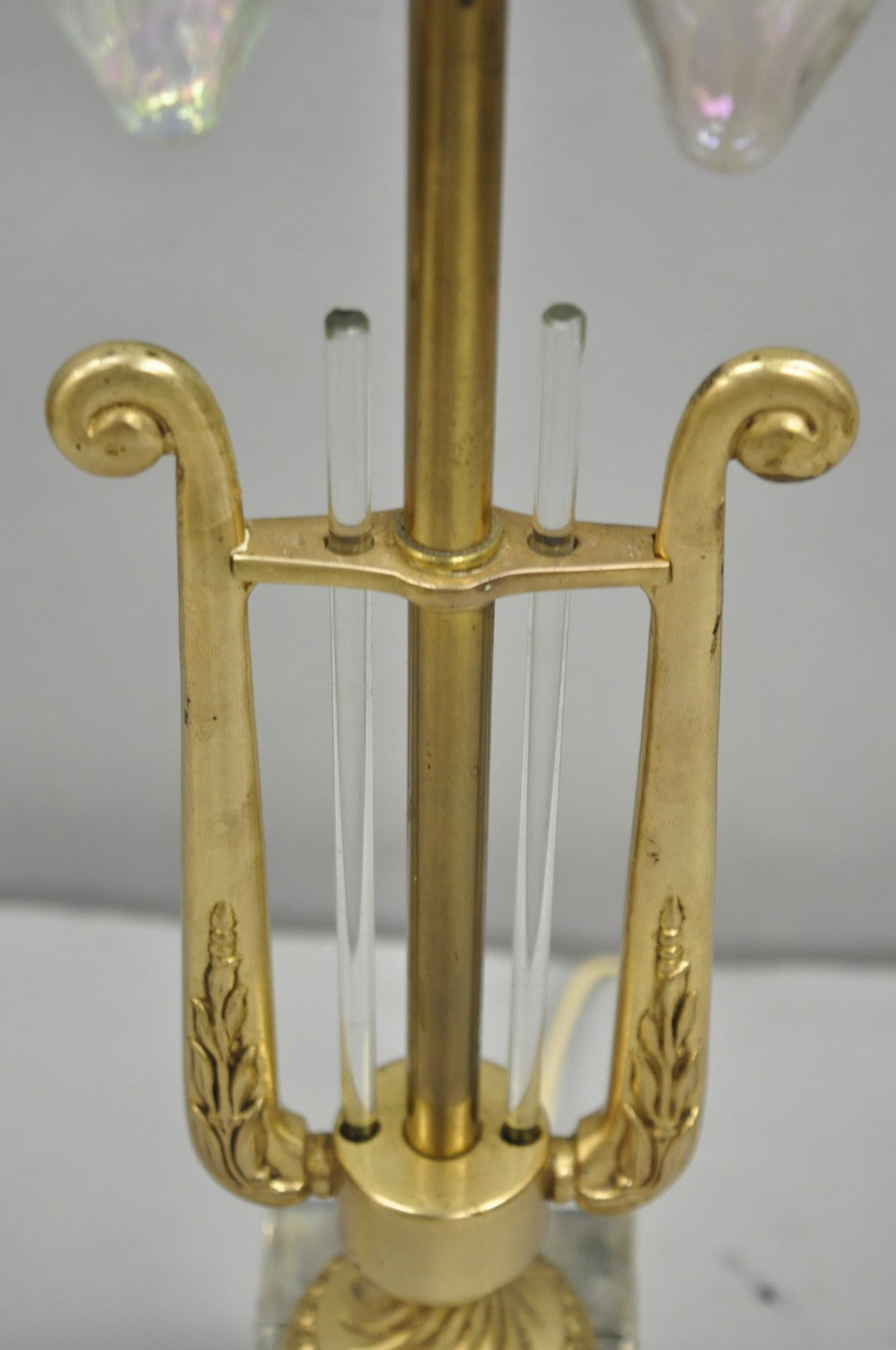 Antique French Empire Brass & Glass Classical Lyre Harp Small Boudoir Table Lamp