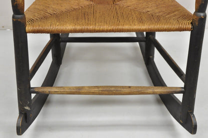 Antique American Primitive Shaker Ebonized Wood Rush Seat Rocker Rocking Chair