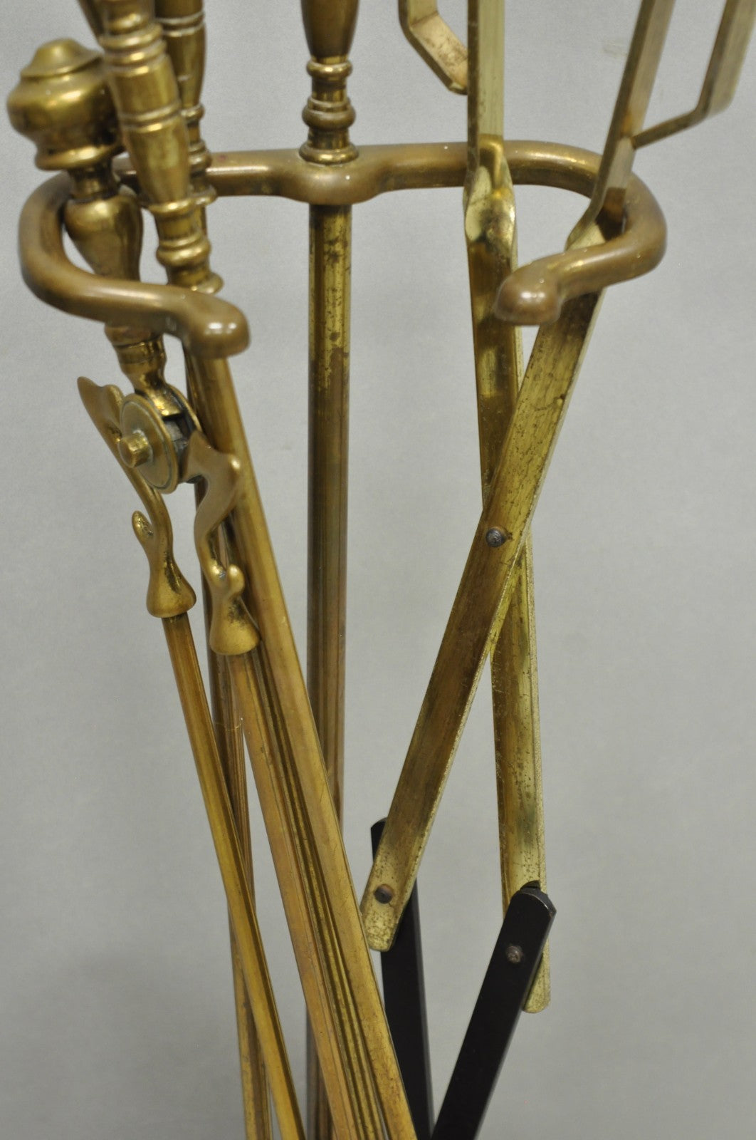 Antique English Federal Brass Urn Finial Fireplace Tool Set with Stand