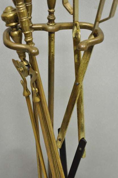 Antique English Federal Brass Urn Finial Fireplace Tool Set with Stand