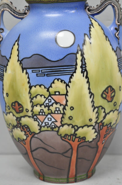 Antique Hand Painted Blue Nippon Porcelain Halloween Pattern Twin Handle Vase