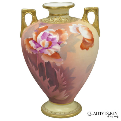 Antique Nippon Hand Painted Porcelain Small Pink Floral Vase w Gold Twin Handles