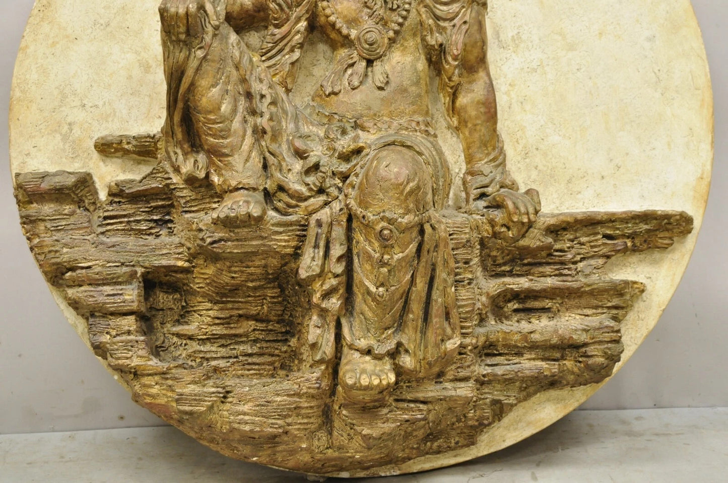 Vintage 43" Fiberglass Kuan Shih Yin Buddha Relief Round Wall Art Sculpture