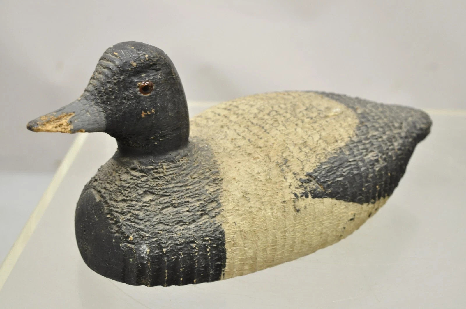 Antique Carved Wood Wooden Black and White 13" Mallard Duck Decoy w/ Glass Eyes