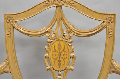 Hepplewhite Prince of Wales Drape Carved Shield Back Dining Arm Chairs - a Pair