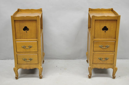 Vintage French Country Provincial Walnut Nightstand Bedside Table w/ Cubby, Pair