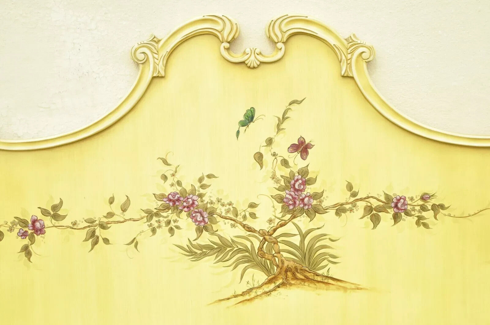 Vintage Chinoiserie Yellow Painted King Size Bed Headboard by Union National