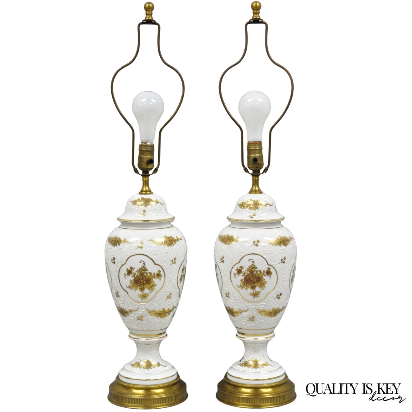 Vintage French Louis XV White Porcelain Ginger Jar Gold Flower Table Lamps Pair