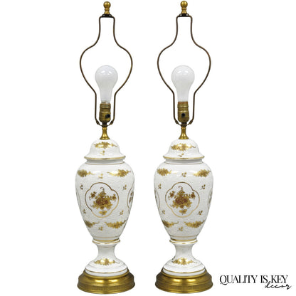Vintage French Louis XV White Porcelain Ginger Jar Gold Flower Table Lamps Pair