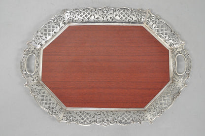 Vintage Victorian Melamine & Silver Plated Faux Wood Bar Liquor Serving Tray