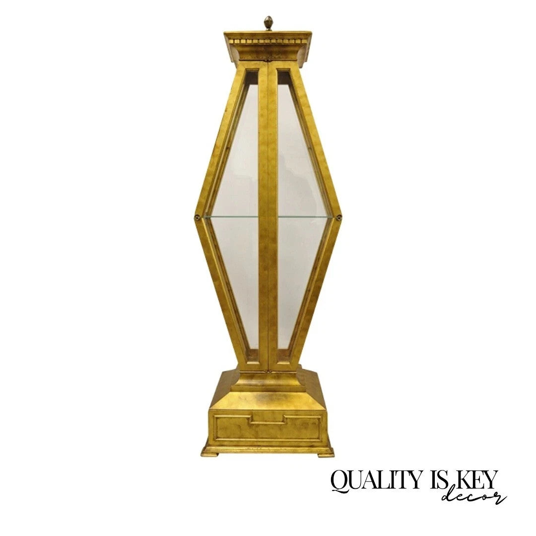 Vintage Hollywood Regency Gold Gilt Diamond Shaped Etagere Curio Display Cabinet