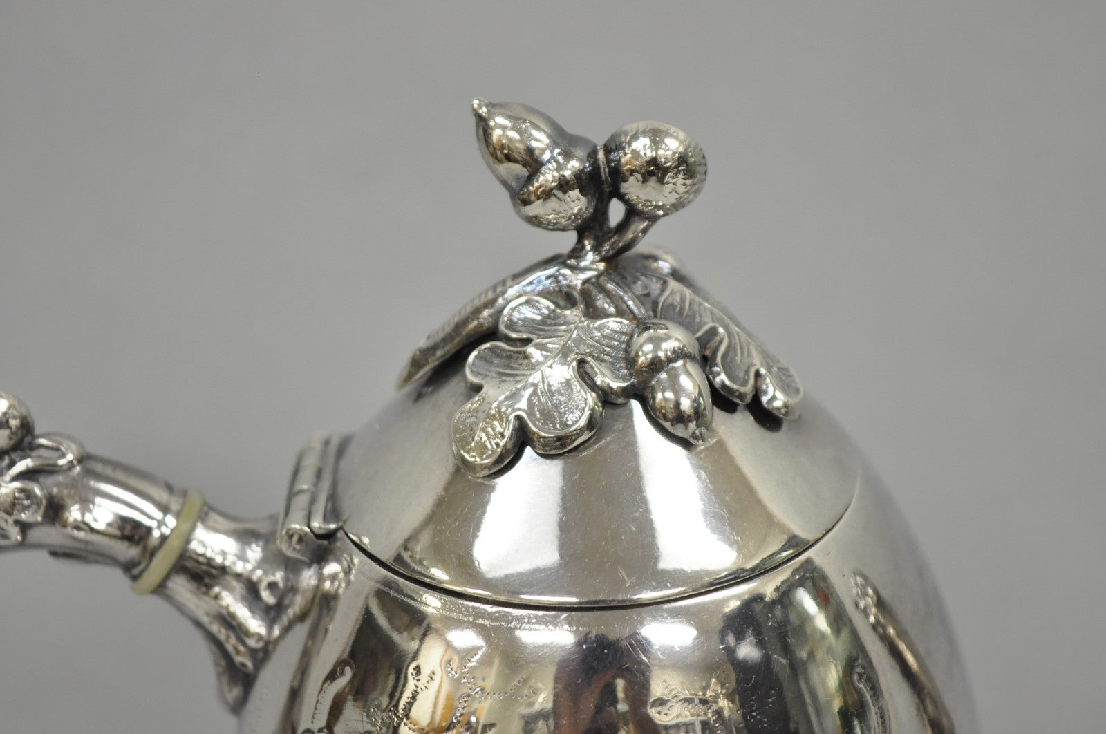 Antique Art Nouveau Silver Plated Nuts & Vines Repousse Tea Pot Tea Kettle