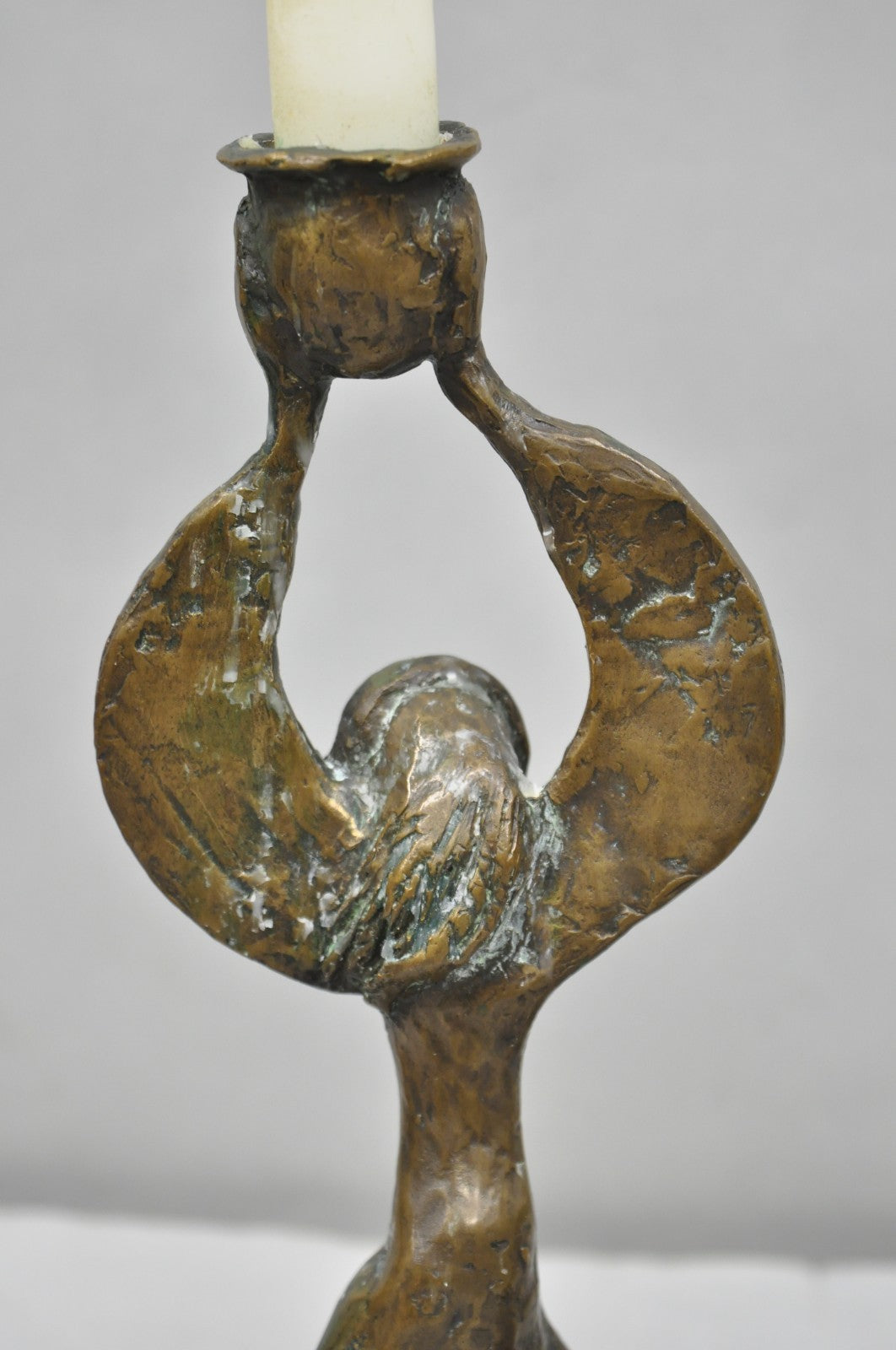 Vintage Brutalist Bronze Figural Dancing Rabbi Judaica Candlesticks - a Pair