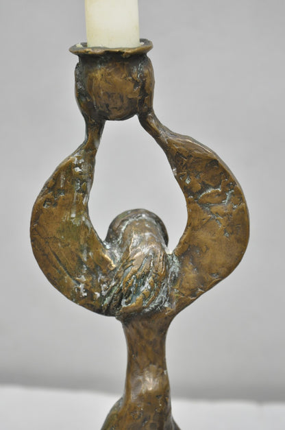 Vintage Brutalist Bronze Figural Dancing Rabbi Judaica Candlesticks - a Pair