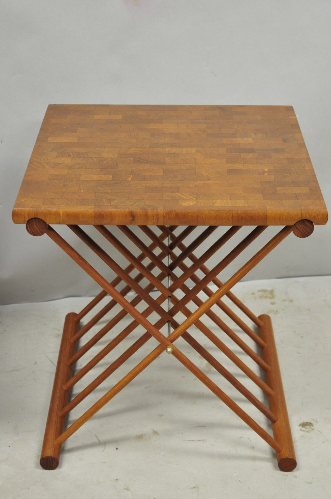 Mid Century Danish Modern Mandalay Teak Folding Campaign Style Side Tables Pair