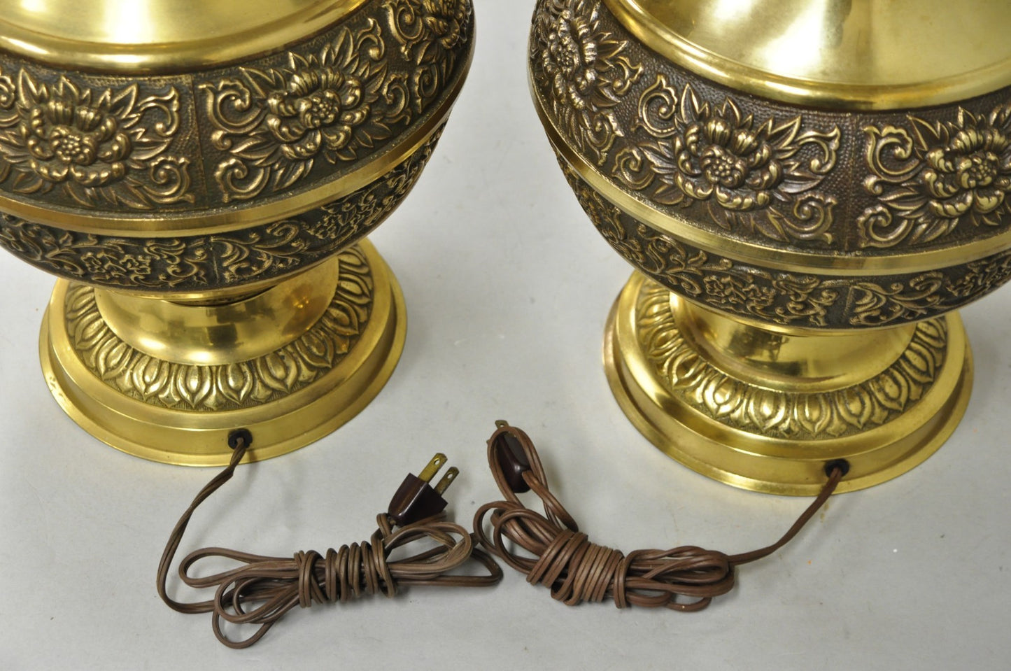 Vintage Brass Chinese Jardinière Elephant Handle Oriental Table Lamps - a Pair