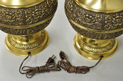 Vintage Brass Chinese Jardinière Elephant Handle Oriental Table Lamps - a Pair