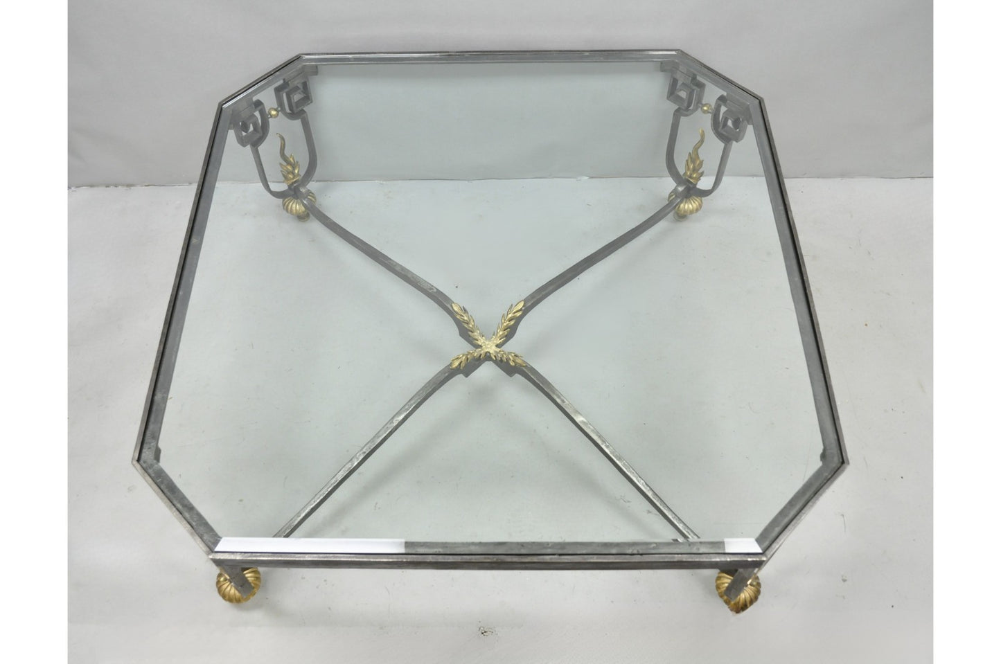 Vintage French Neoclassical Large Wrought Iron & Glass "Flame" Coffee Table